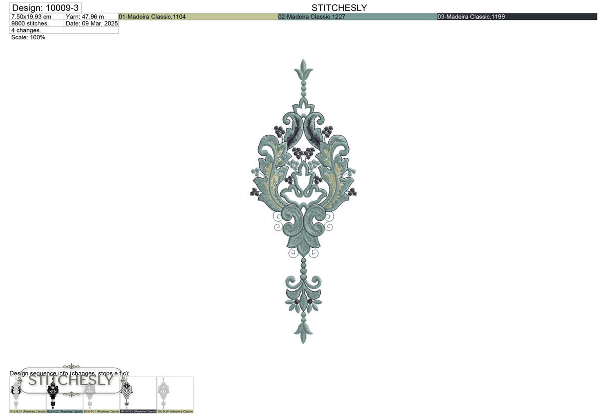 Detail view of Teal Damask Pendant machine embroidery design