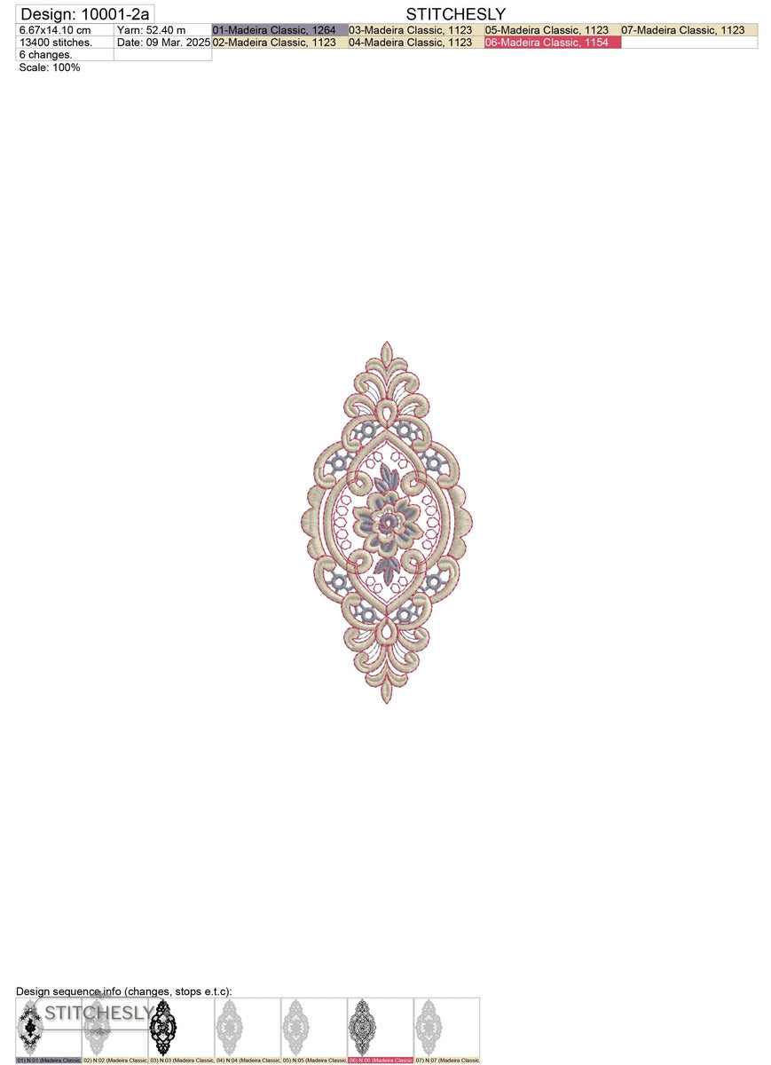Detail view of Vintage Cameo Floral Medallion machine embroidery design