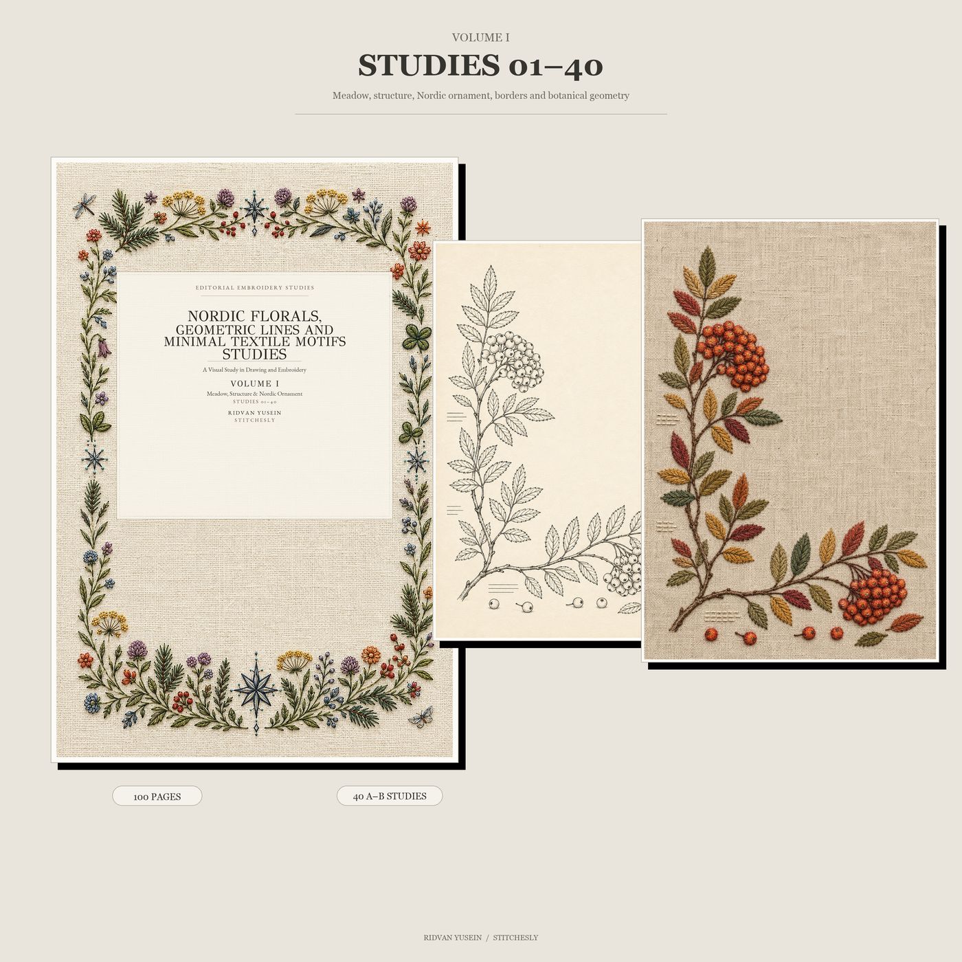 Volume I of Nordic Florals, Geometric Lines and Minimal Textile Motifs Studies with the final book cover and enlarged drawing and embroidered examples, covering meadow botanicals, geometric stem rhythms, seedheads, berries, borders, bands and Nordic ornament.
