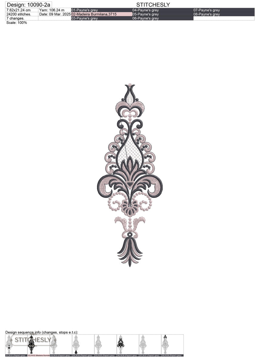 Detail view of Black Baroque Drop Panel machine embroidery design