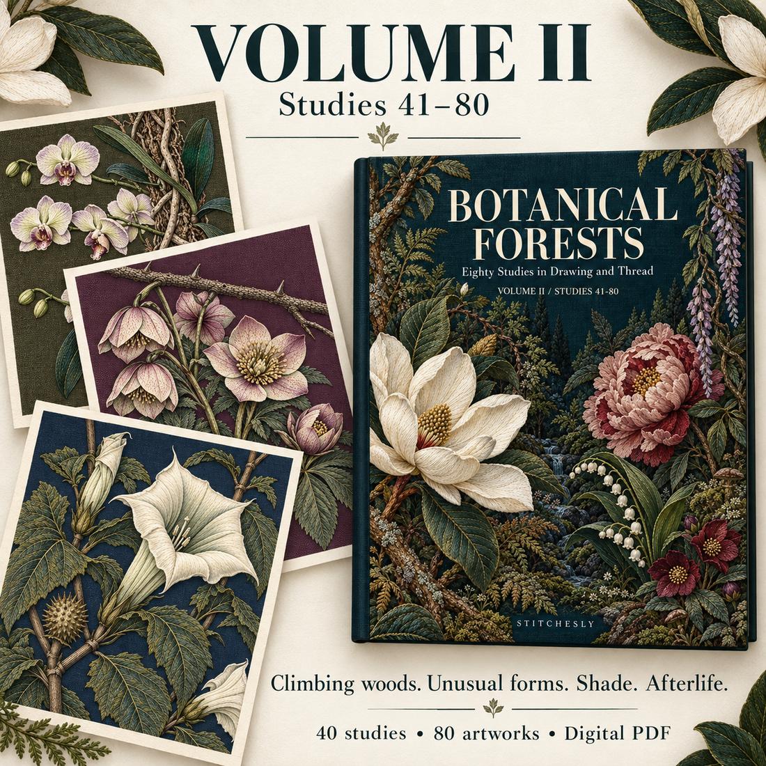 Botanical Forests Volume II cover with orchid, hellebore and datura pages, representing Studies 41–80.
