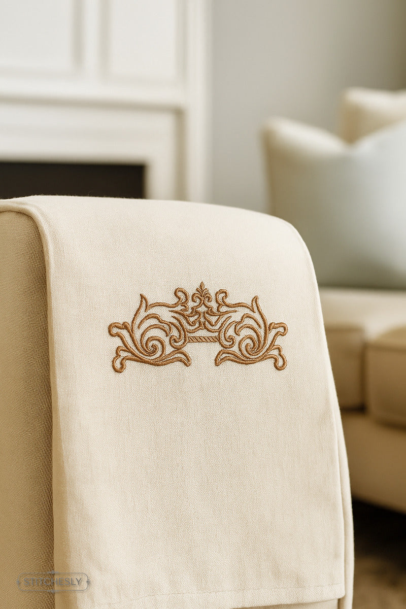 Detail view of Dusty Pink Scroll Border machine embroidery design
