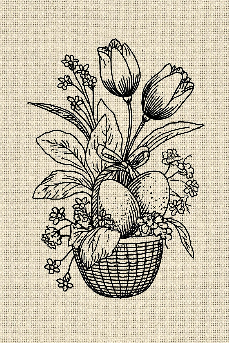 Original two tulip two egg flower basket design plate from Easter & Spring Embroidery Edition 2, a digital PDF embroidery design book.