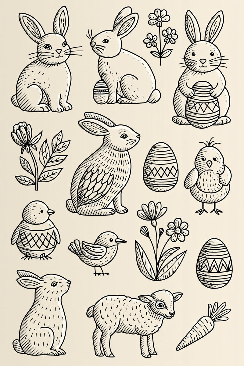 Original five rabbit lamb chick animal library design plate from Easter & Spring Embroidery Edition 3, a digital PDF embroidery design book.