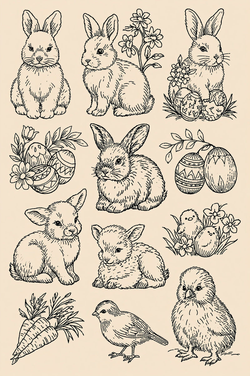 Original four rabbit two lamb chick library design plate from Easter & Spring Embroidery Edition 4, a digital PDF embroidery design book.