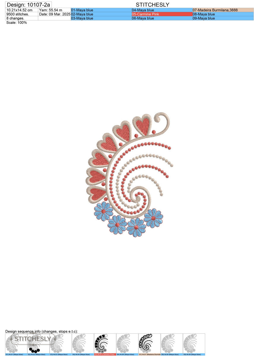 Detail view of Folk Paisley Cushion machine embroidery design