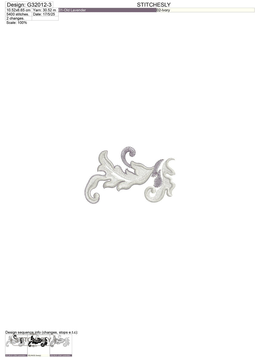 Detail view of Lavender Scroll Floral Machine Embroidery Set machine embroidery design