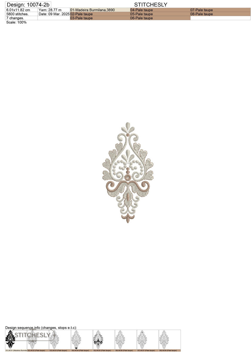 Detail view of Silver Damask Teardrop Ornament machine embroidery design