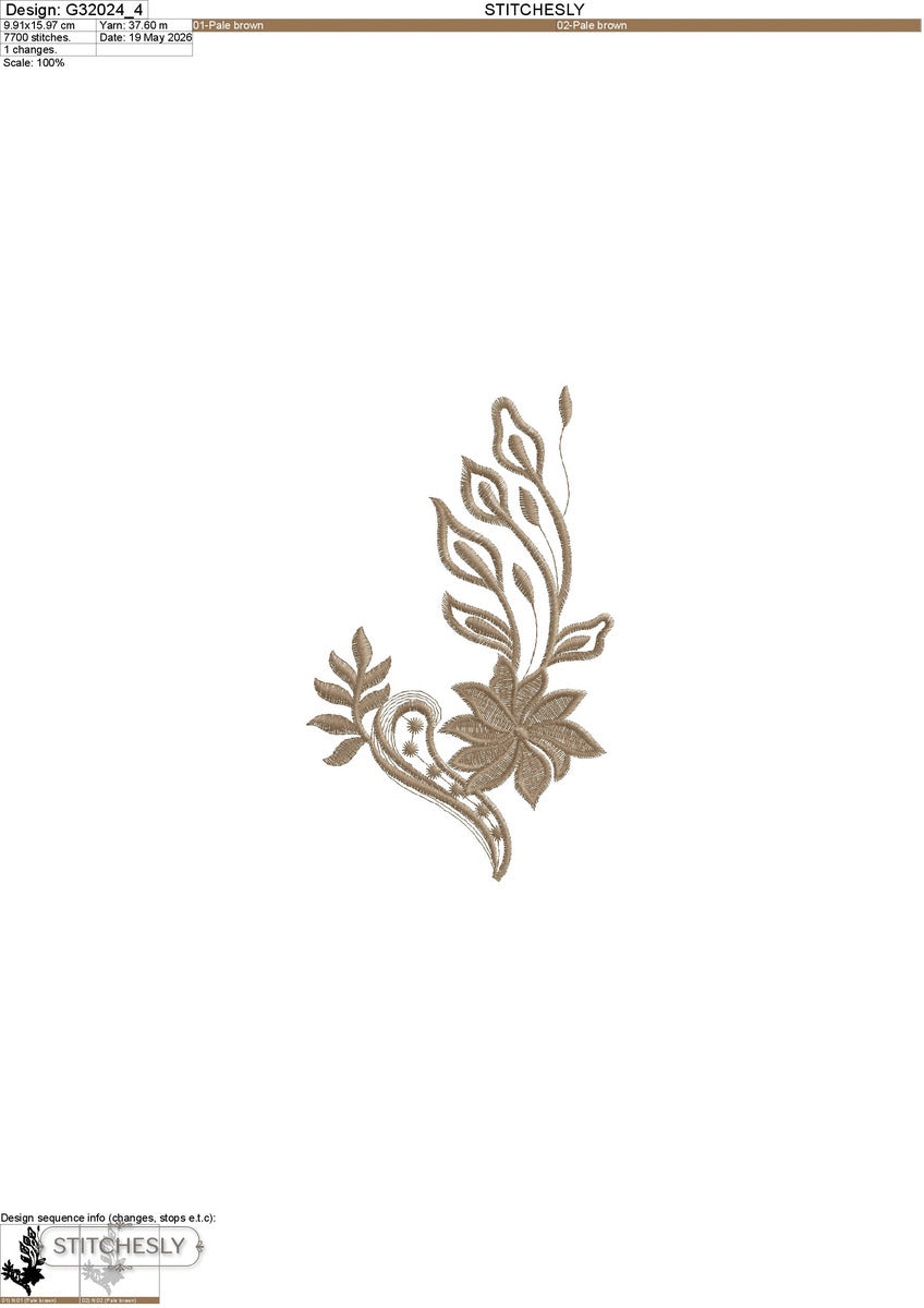 Detail view of Single Color Leaf Floral Corner machine embroidery design