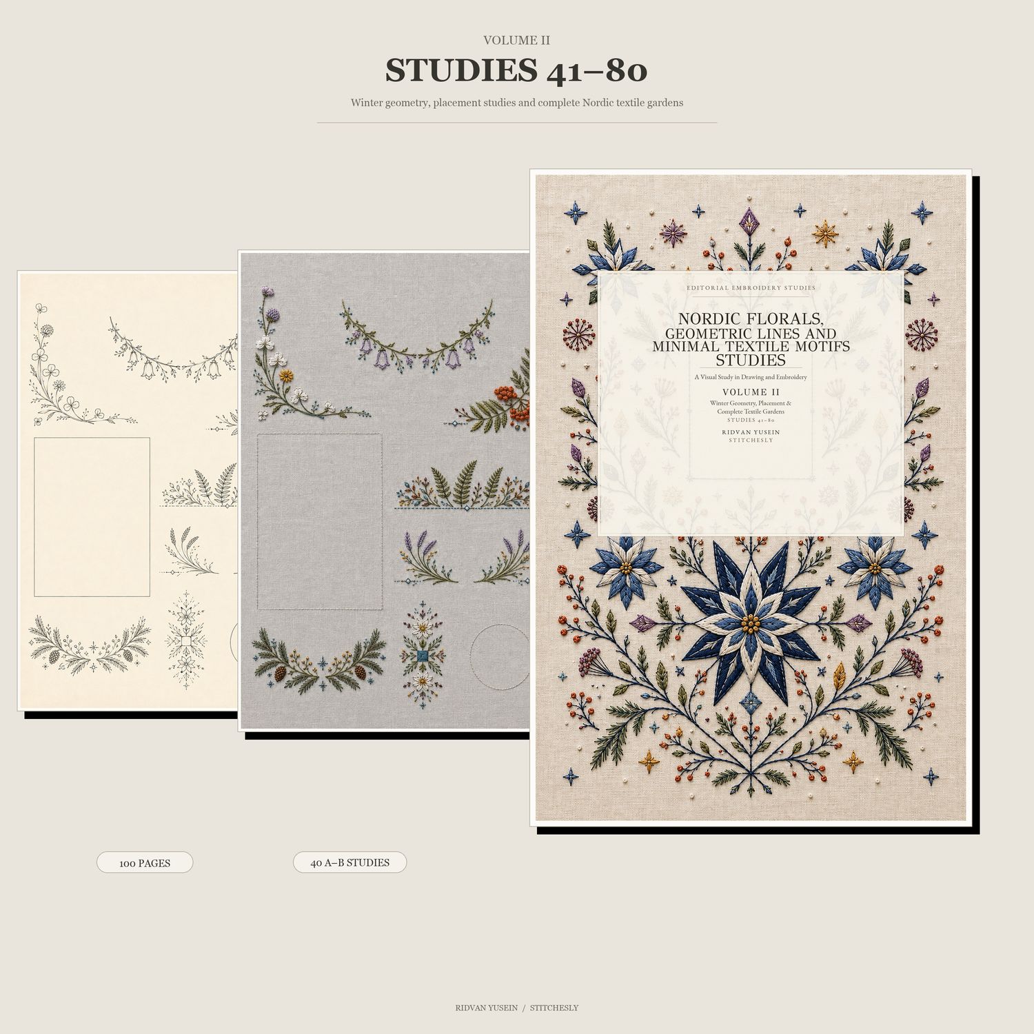 Volume II digital embroidery art book with final cover and enlarged Nordic drawing and textile examples, featuring wreaths, winter motifs, snowflower geometry, placement studies and complete botanical garden compositions.