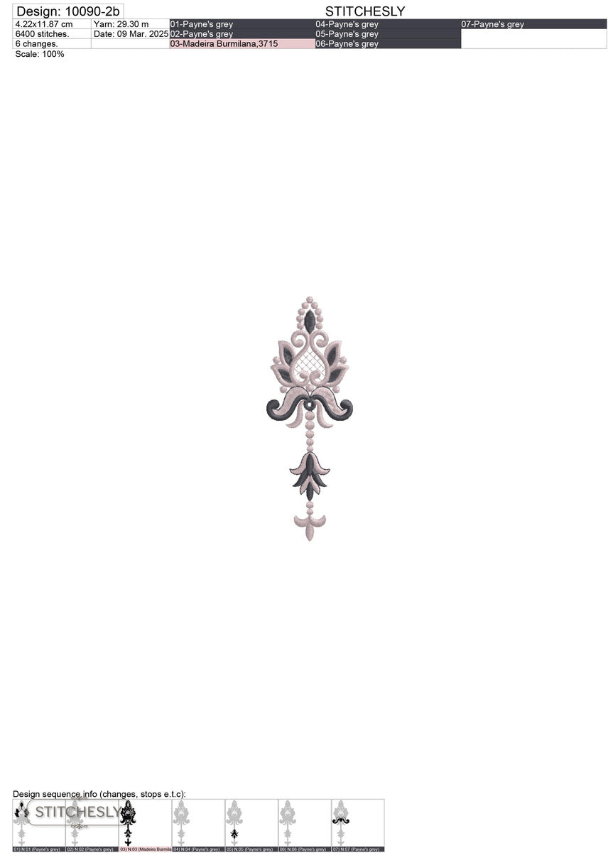 Detail view of Black Baroque Drop Panel machine embroidery design