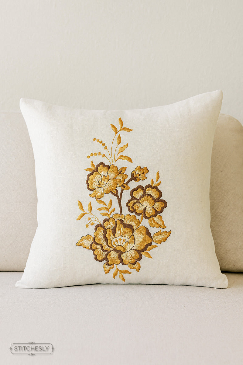 Detail view of Blue Floral Cushion machine embroidery design