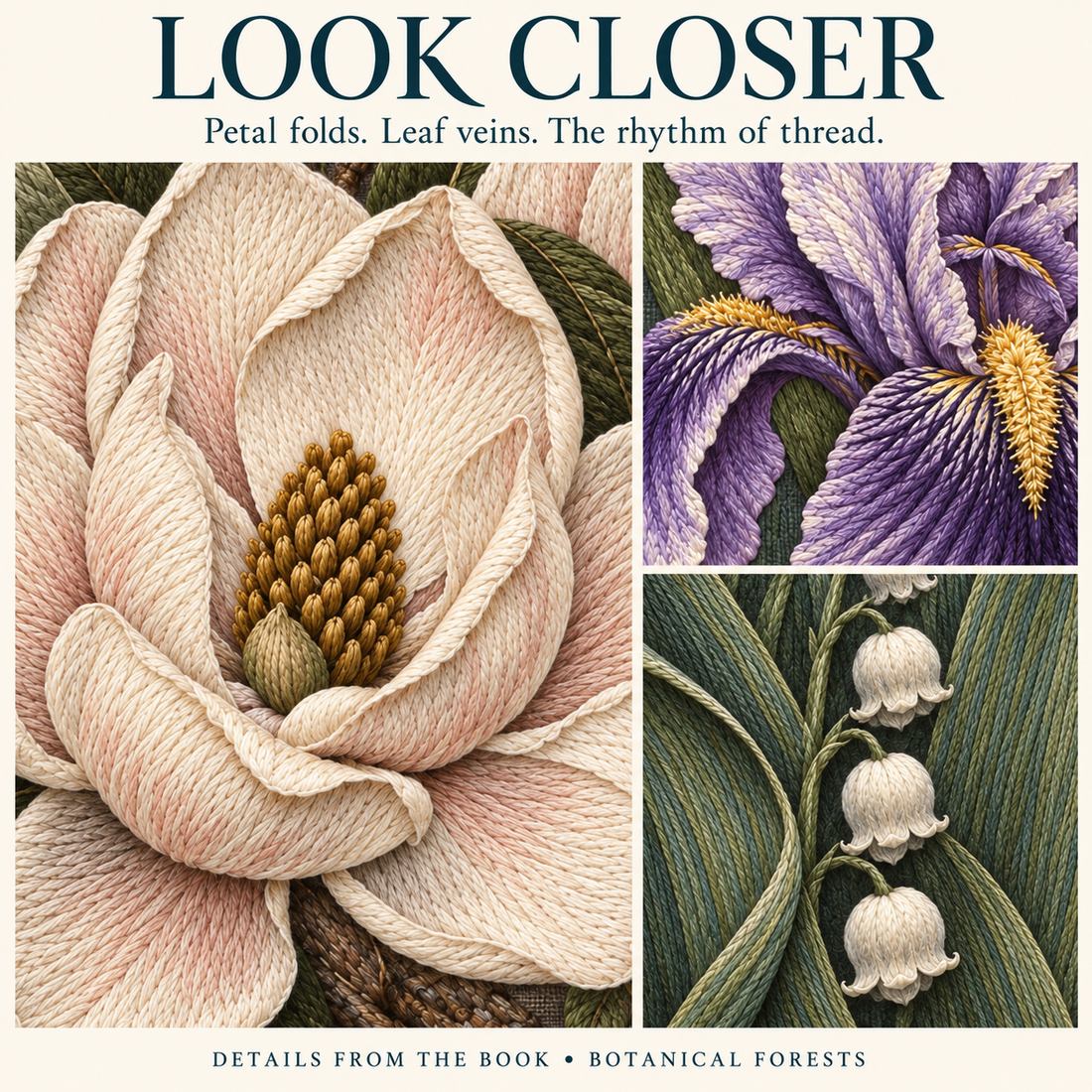 Enlarged details of magnolia petals, purple iris flowers and white lily-of-the-valley bells in the book’s embroidery interpretations.