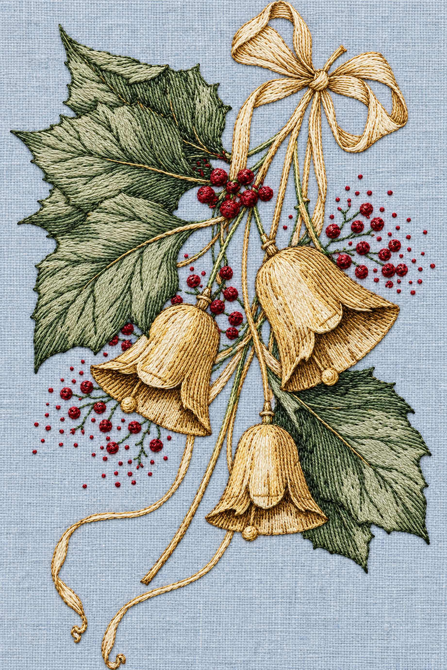 Three fine gold Christmas bells with holly, berry sprigs and long tied ribbon tails embroidered on pale blue linen. Textile visualization from Christmas Embroidery Collection Edition 4, a digital PDF design book.