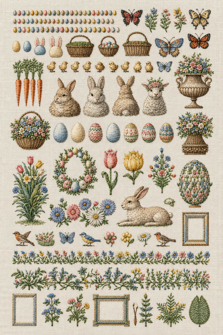 Detailed Easter miniature embroidery library with eggs, baskets, chicks, rabbits, lamb, carrots, butterflies, floral borders and empty frames. Textile visualization from Easter & Spring Embroidery Edition 1, a digital PDF design book.