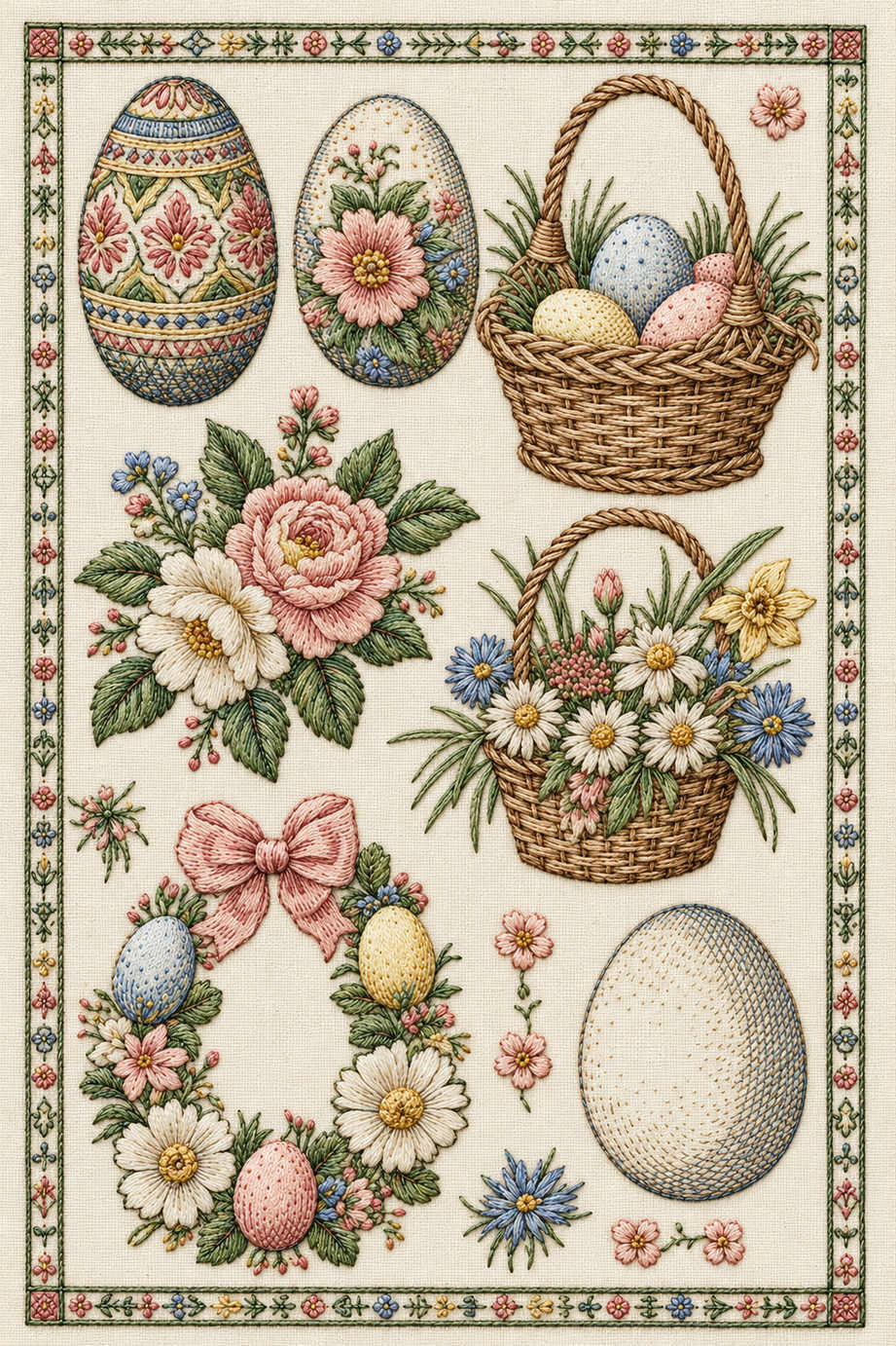 Framed Easter embroidery library with two large decorated eggs, egg and flower baskets, an egg wreath and a blank egg outline on ivory linen. Textile visualization from Easter & Spring Embroidery Edition 2, a digital PDF design book.