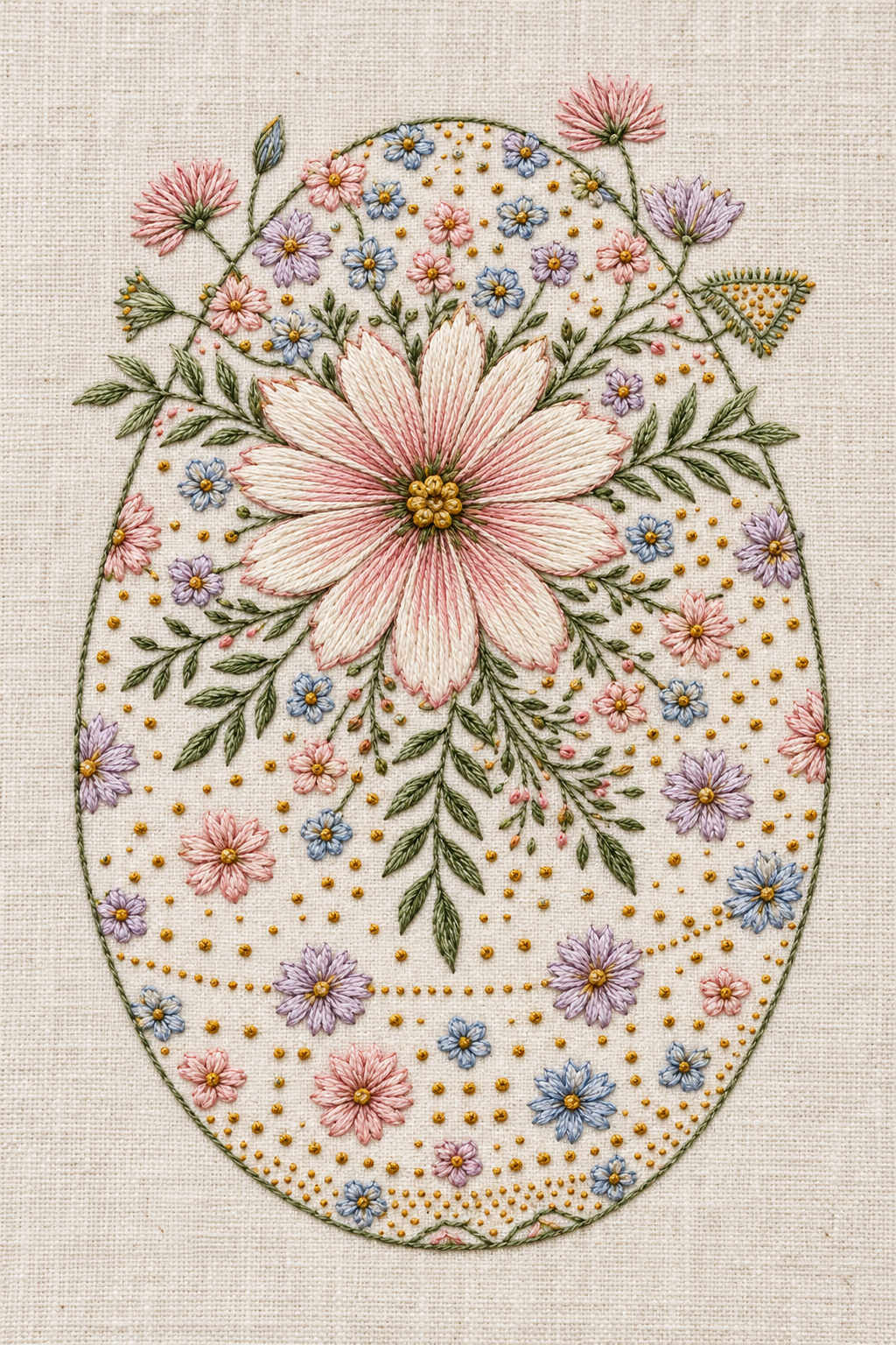 Large floral Easter egg-shaped embroidery with a central blush daisy, tiny pastel flowers, leafy sprays and minute gold seed dots. Textile visualization from Easter & Spring Embroidery Edition 3, a digital PDF design book.
