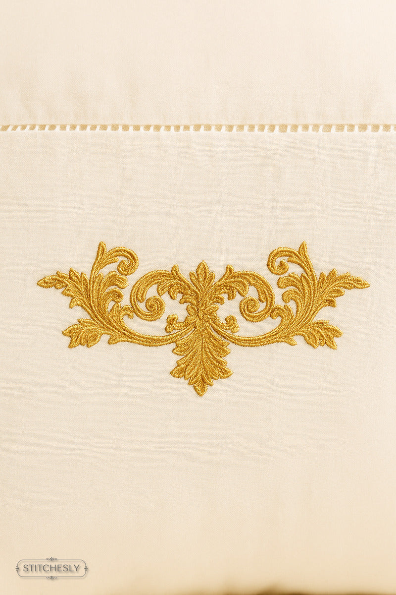 Detail view of Gold Floral Pillow Accent machine embroidery design