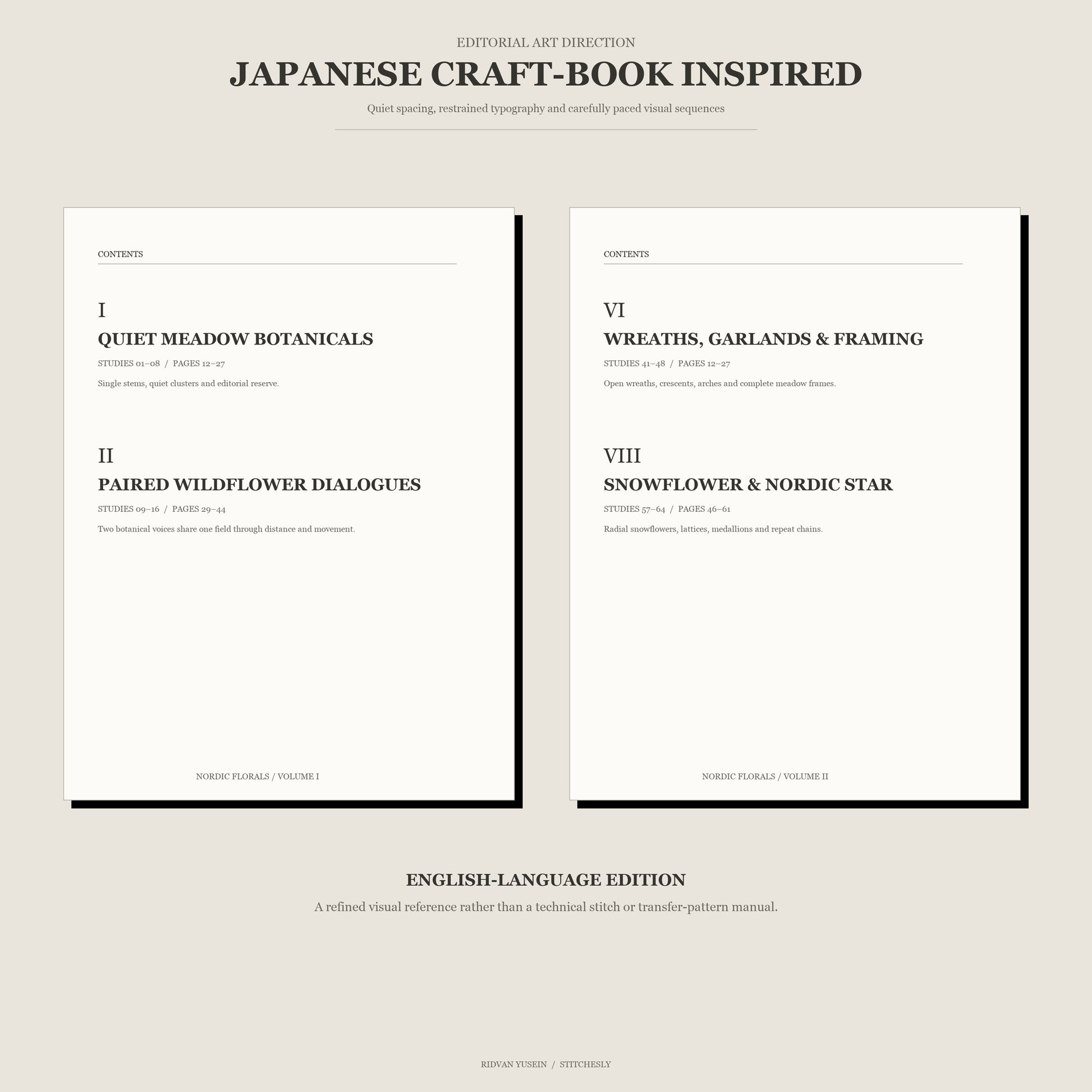 Editorial page mockup inspired by Japanese craft books, with quiet ivory pages, restrained typography, section contents and carefully spaced Nordic embroidery study organization.