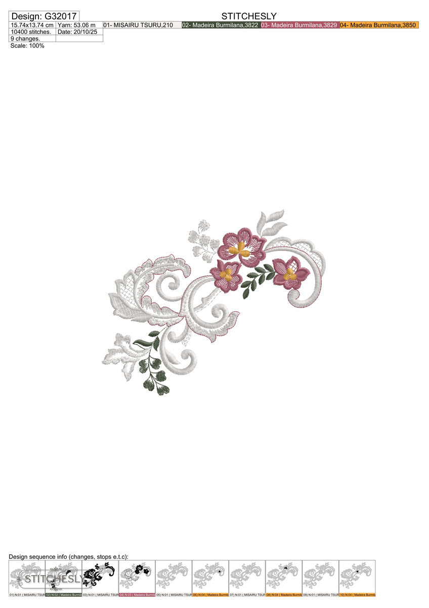 Detail view of Large Rose Leaf Border machine embroidery design