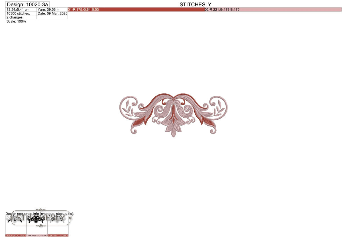 Detail view of Rosewood Scroll Border machine embroidery design