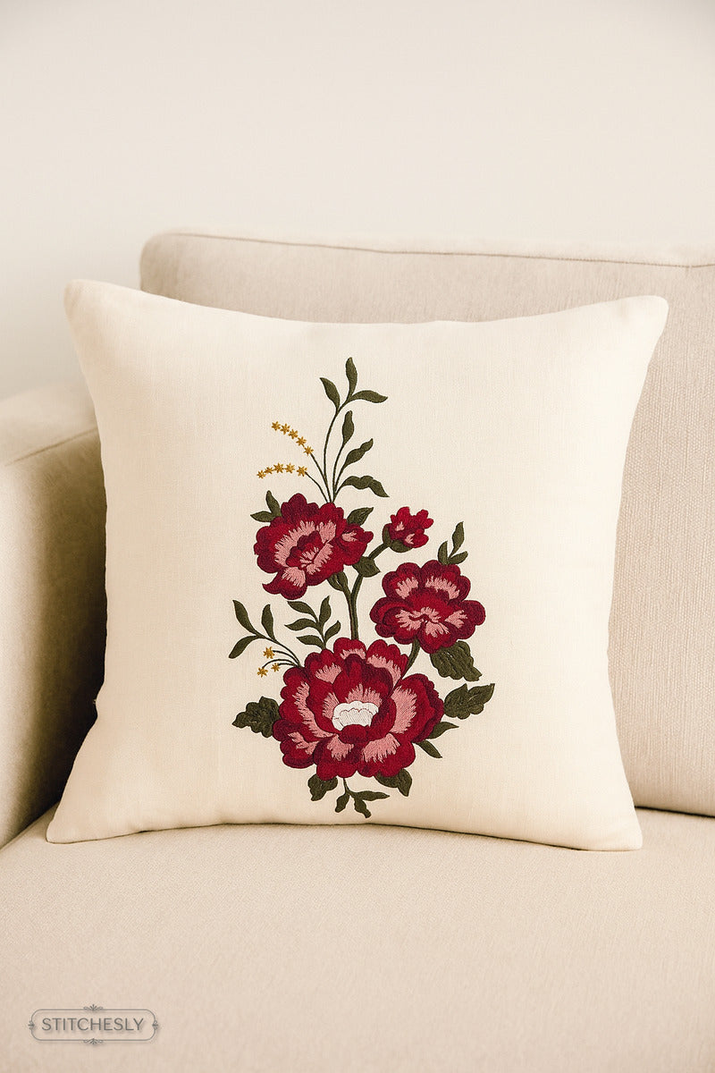 Detail view of Blue Floral Cushion machine embroidery design
