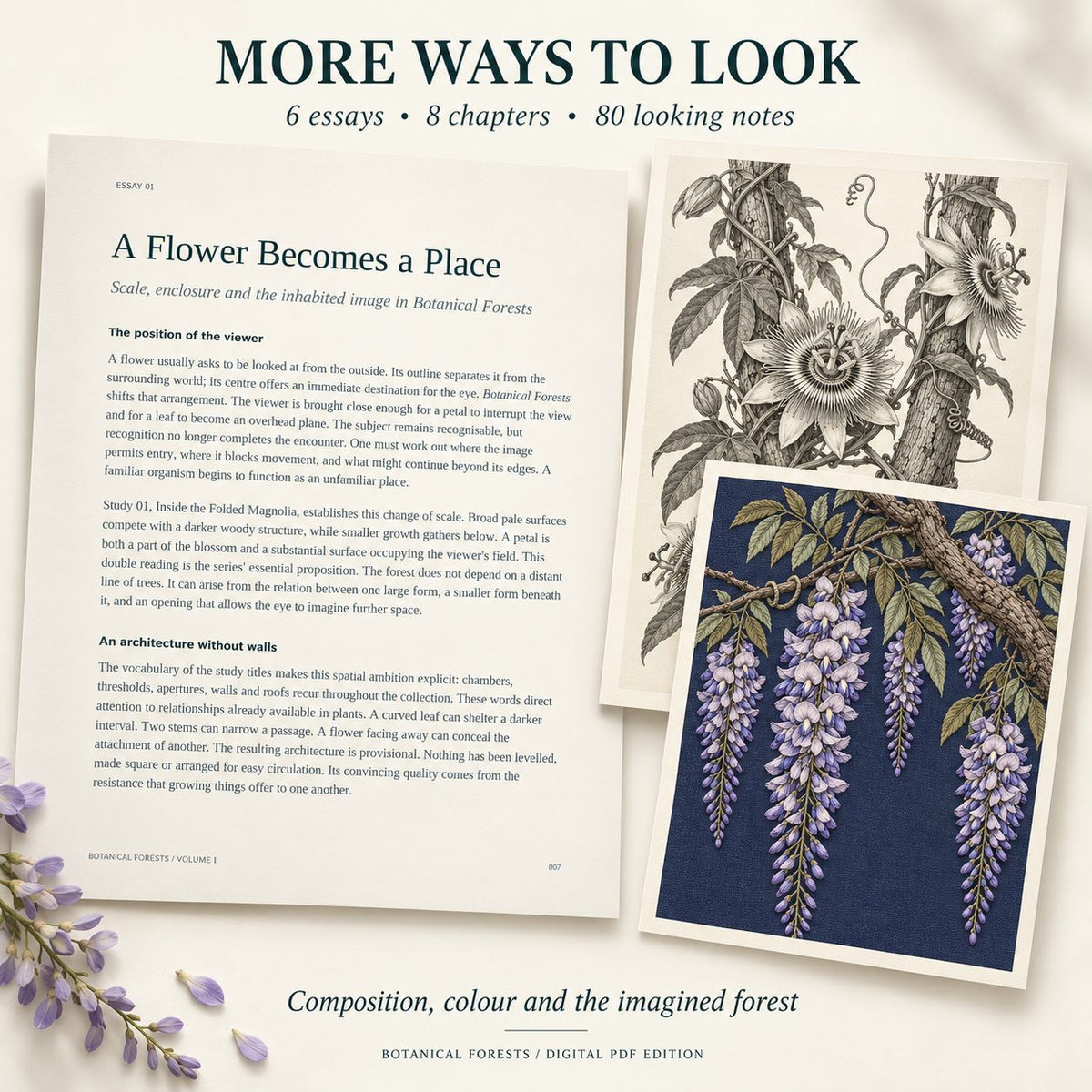 An essay page titled A Flower Becomes a Place beside passionflower and wisteria artworks, introducing six essays and 80 looking notes.