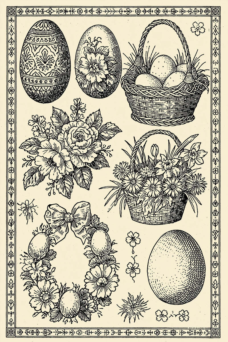Original framed easter egg basket wreath library design plate from Easter & Spring Embroidery Edition 2, a digital PDF embroidery design book.