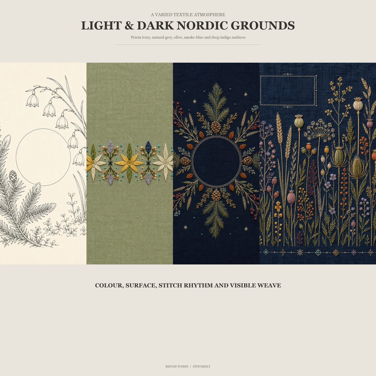 Large cropped Nordic textile artworks showing the collection's range of warm archival drawing paper, natural grey linen, olive textile, pale cloth and deep indigo embroidered grounds with visible weave and stitch detail.