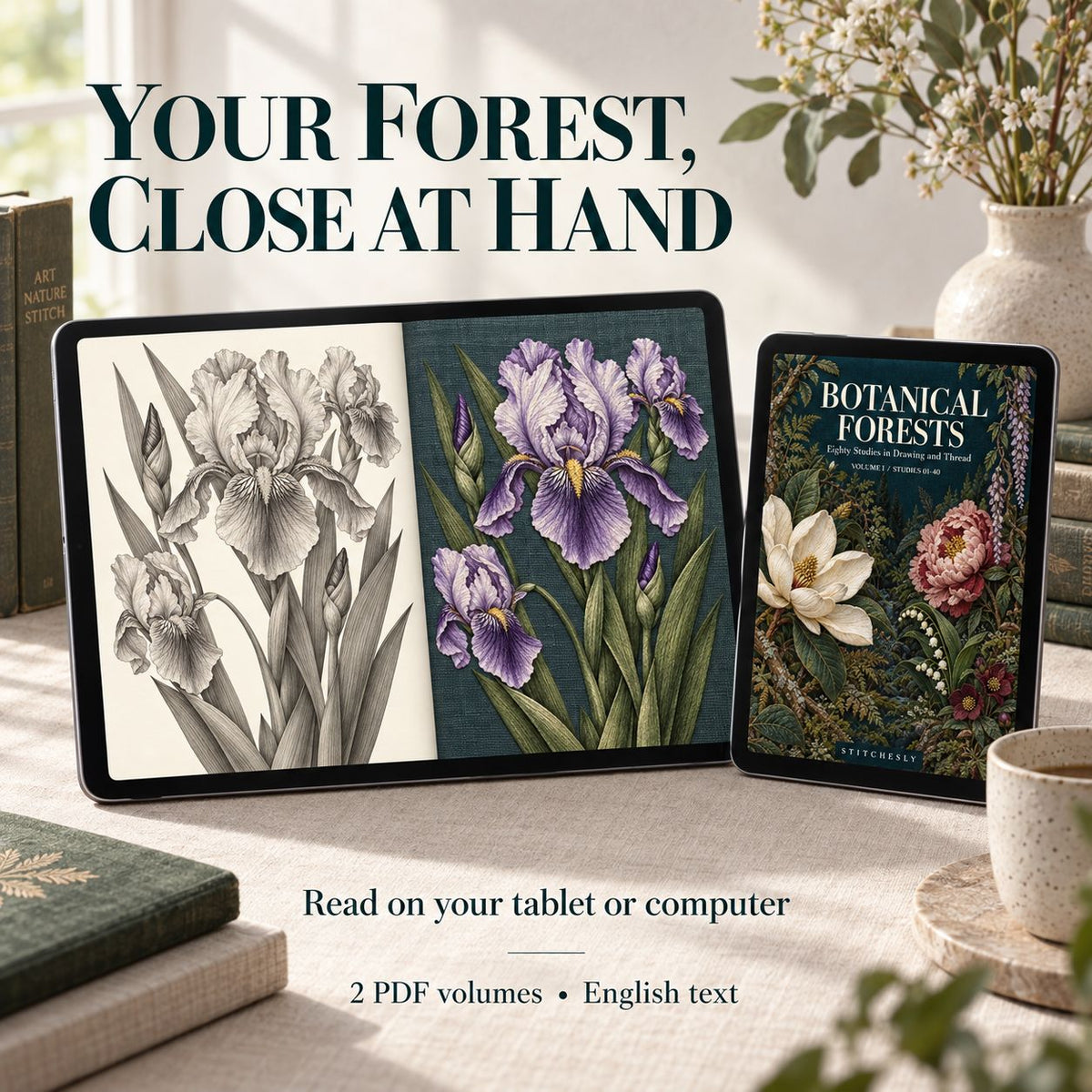 Tablet mockups displaying paired iris artworks and the Botanical Forests cover, illustrating how to read the two PDF volumes digitally.