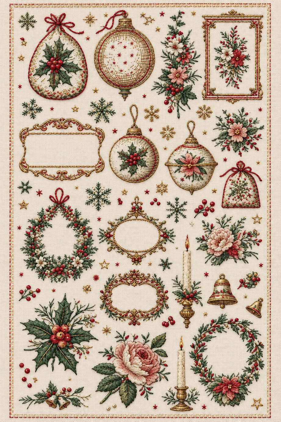 Delicate multicolour Christmas ornaments, botanical sprays, wreaths, empty ornate frames, candles and bells embroidered on ivory linen. Textile visualization from Christmas Embroidery Collection Edition 4, a digital PDF design book.