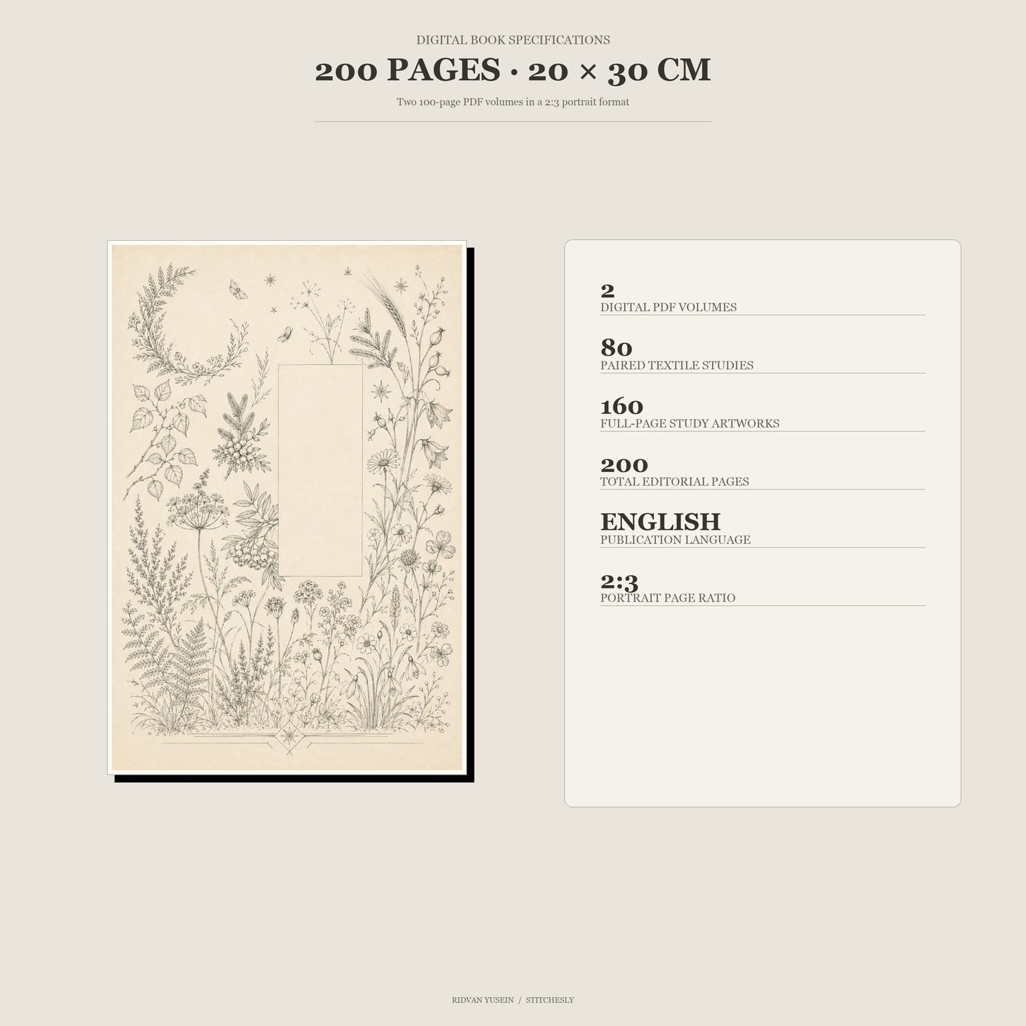 Product specification graphic for the Nordic embroidery study book showing two PDF volumes, 80 paired studies, 160 full-page artworks, 200 editorial pages, English language and a 20 by 30 centimetre 2 to 3 portrait format.