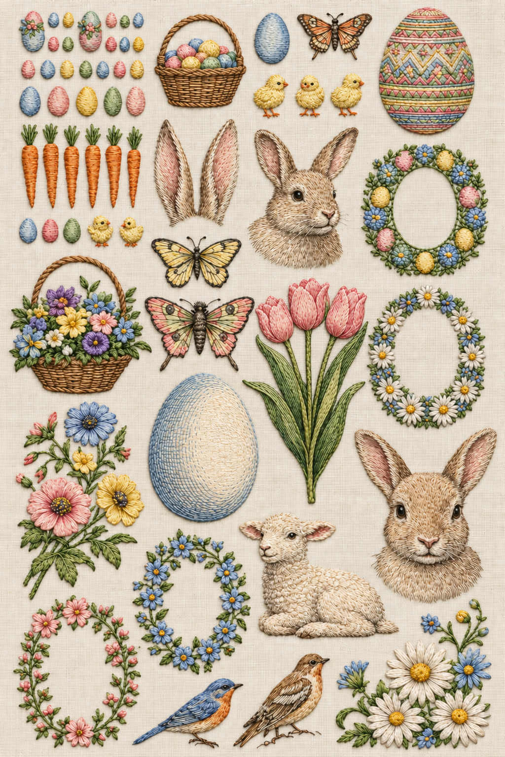 Pastel Easter embroidery sampler with two rabbit portraits, a lamb, eggs, chicks, six carrots, three tulips, butterflies, wreaths and birds. Textile visualization from Easter & Spring Embroidery Edition 1, a digital PDF design book.