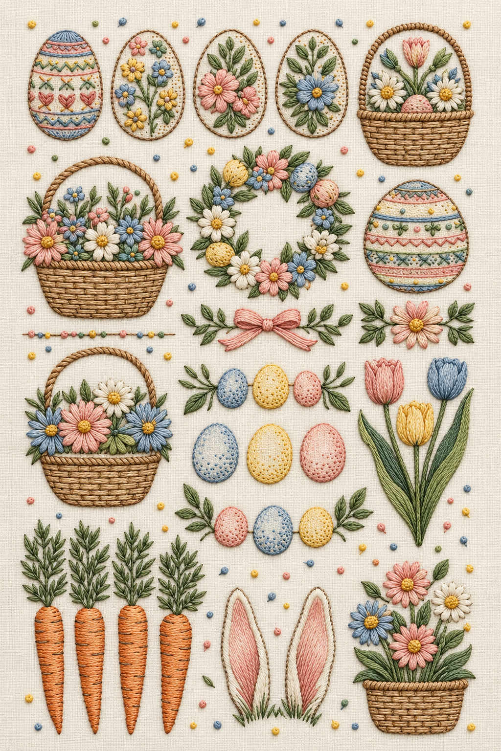Pastel Easter sampler with decorated eggs, flower baskets, a floral wreath, three tulips, four carrots and one rabbit-ear pair in fine cotton embroidery. Textile visualization from Easter & Spring Embroidery Edition 2, a digital PDF design book.
