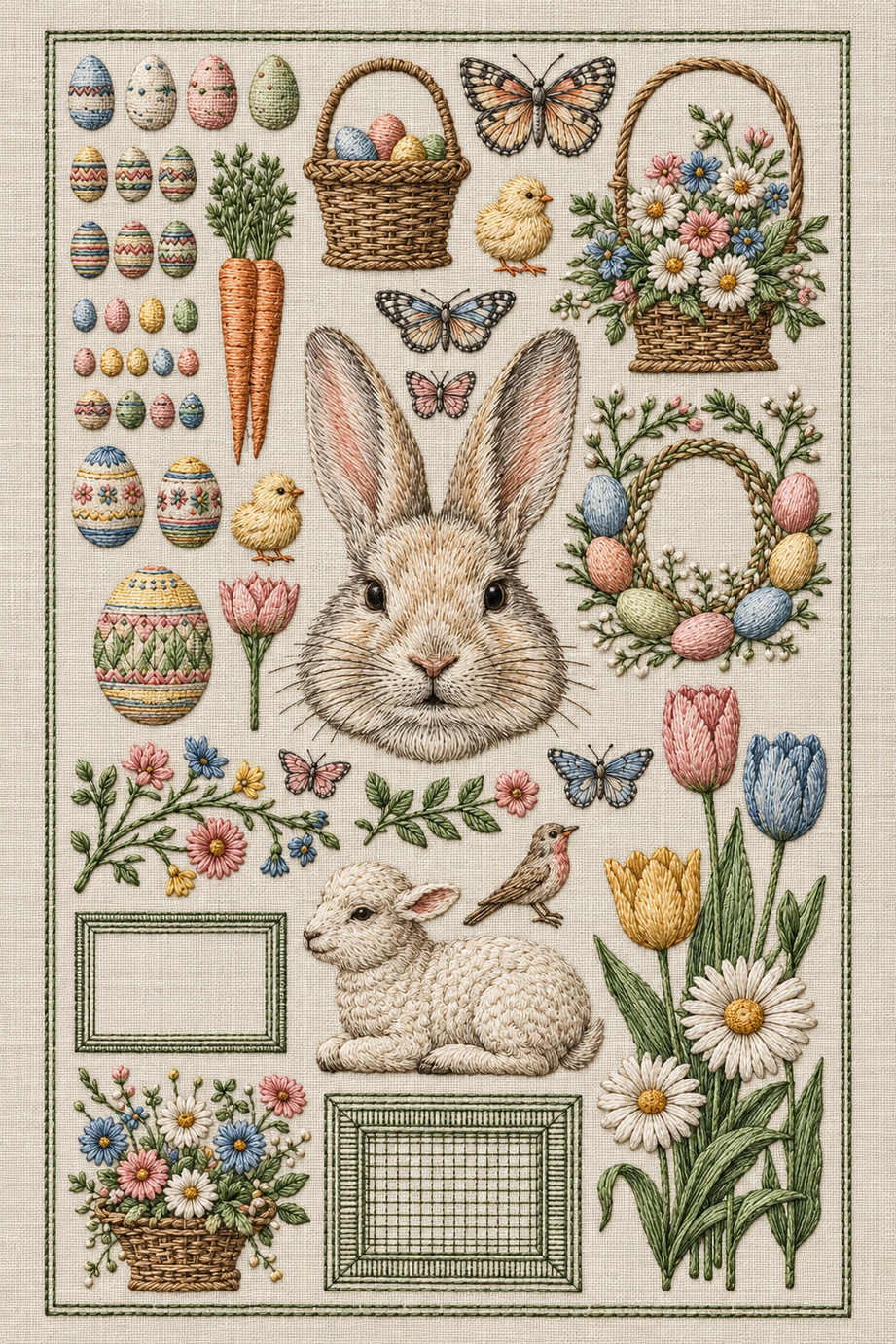 Dense Easter embroidery library with a large rabbit portrait, lamb, chicks, baskets, butterflies, carrots, eggs, tulips and two rectangular frames. Textile visualization from Easter & Spring Embroidery Edition 3, a digital PDF design book.