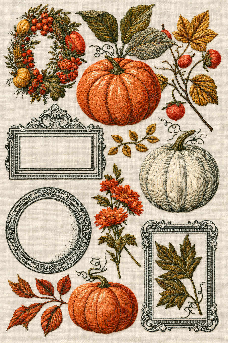 Autumn frame and label set with three pumpkins, a fruit wreath, russet flowers, leaf sprigs and three finely stitched ornamental frames. Textile visualization from Halloween & Autumn Embroidery Edition 1, a digital PDF design book.