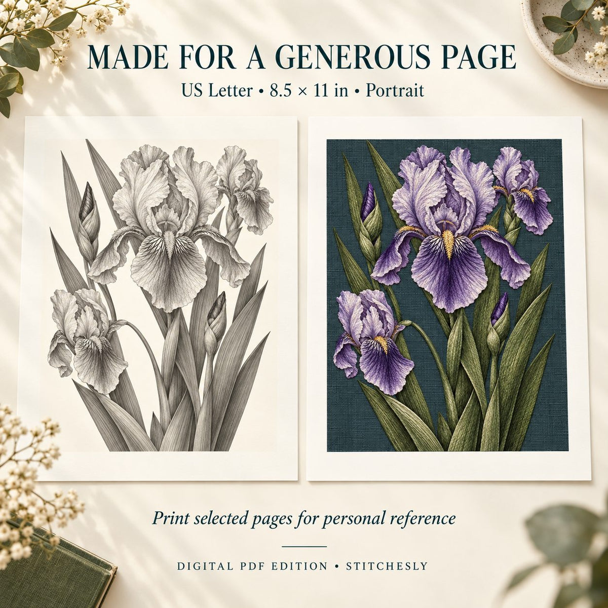 Iris drawing and embroidery-interpretation pages shown at US Letter portrait proportions, 8.5 by 11 inches, for personal reference printing.
