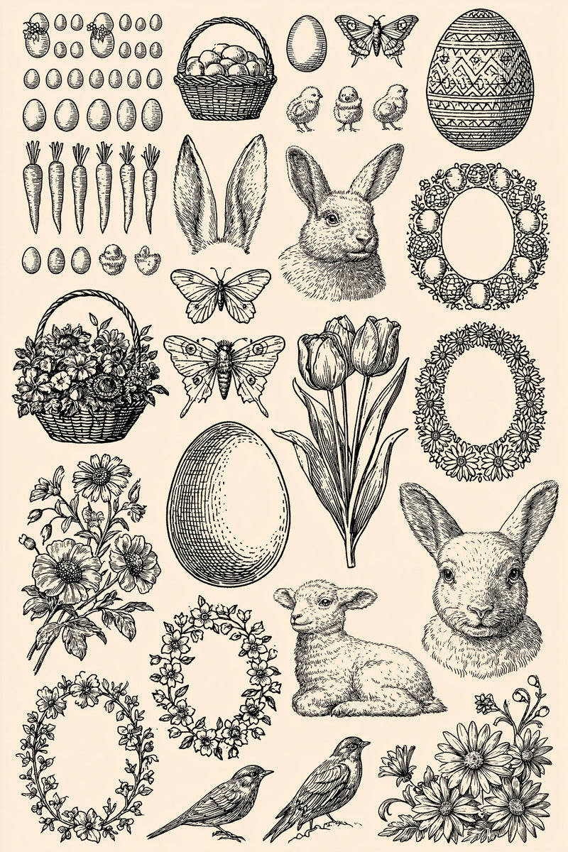 Original easter rabbit lamb egg wreath sampler design plate from Easter & Spring Embroidery Edition 1, a digital PDF embroidery design book.