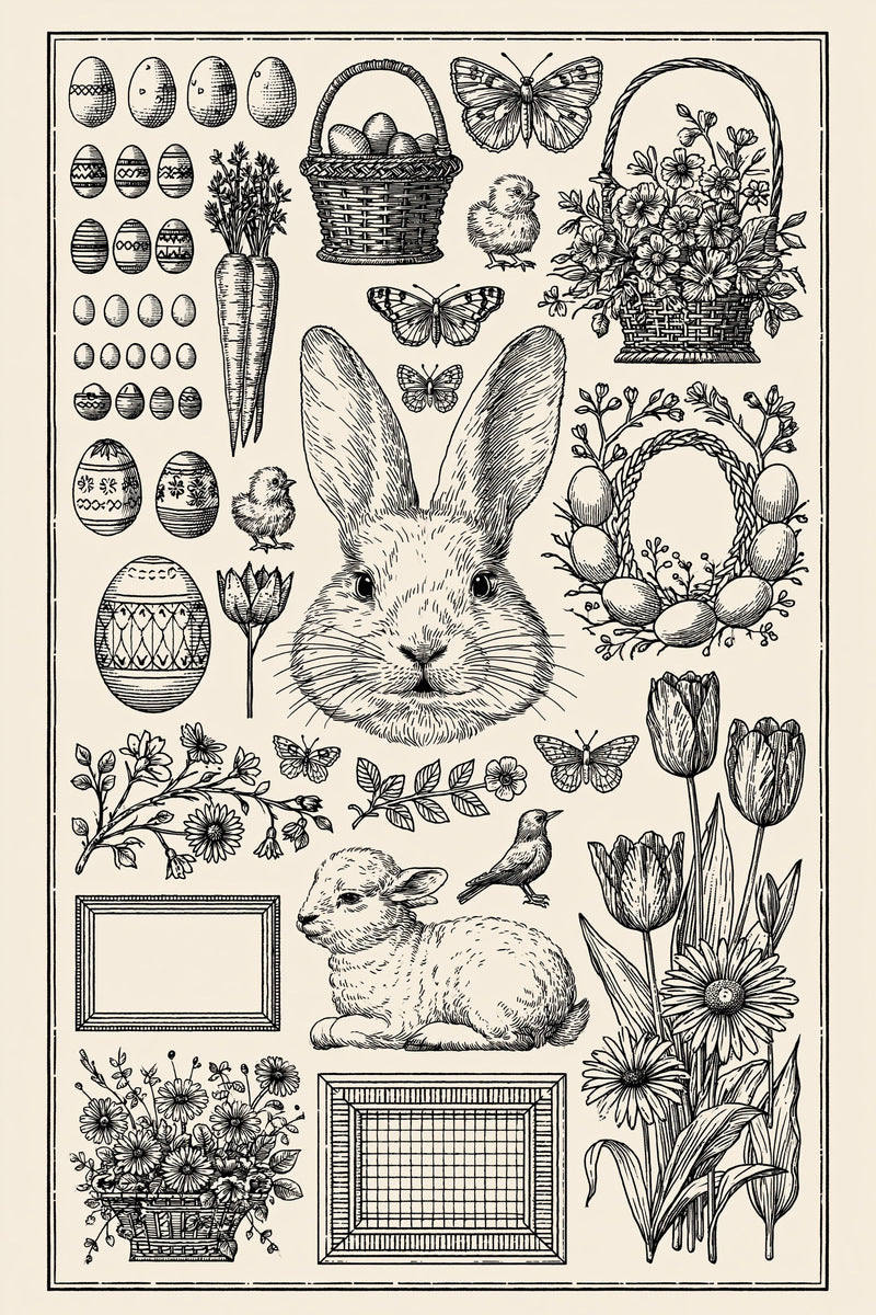 Original easter rabbit head lamb basket library design plate from Easter & Spring Embroidery Edition 3, a digital PDF embroidery design book.