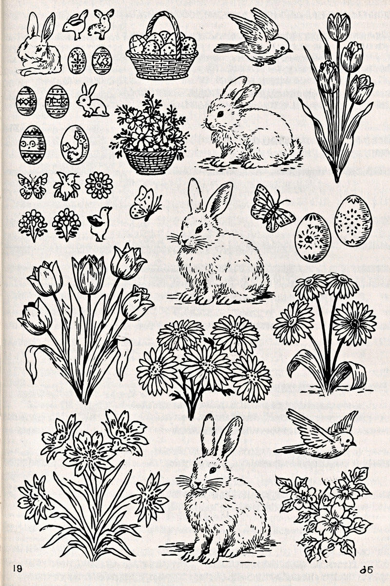 Original rabbit tulip daisy easter motif library design plate from Easter & Spring Embroidery Edition 4, a digital PDF embroidery design book.