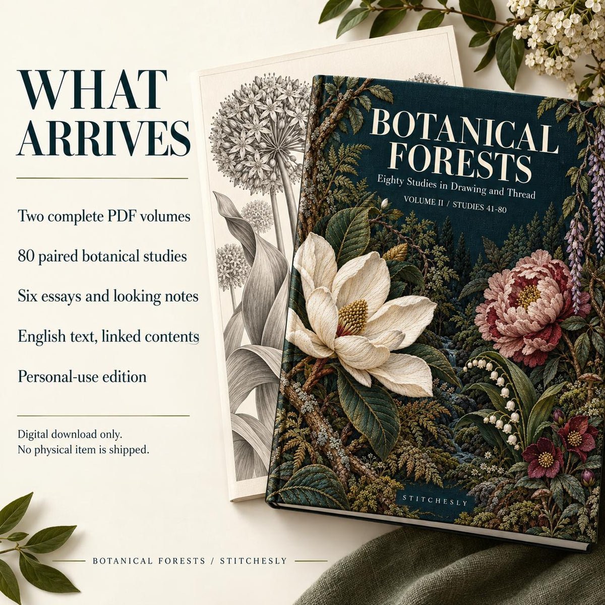 Botanical Forests cover and allium drawing beside a list of the two-volume PDF contents, English text and personal-use terms.