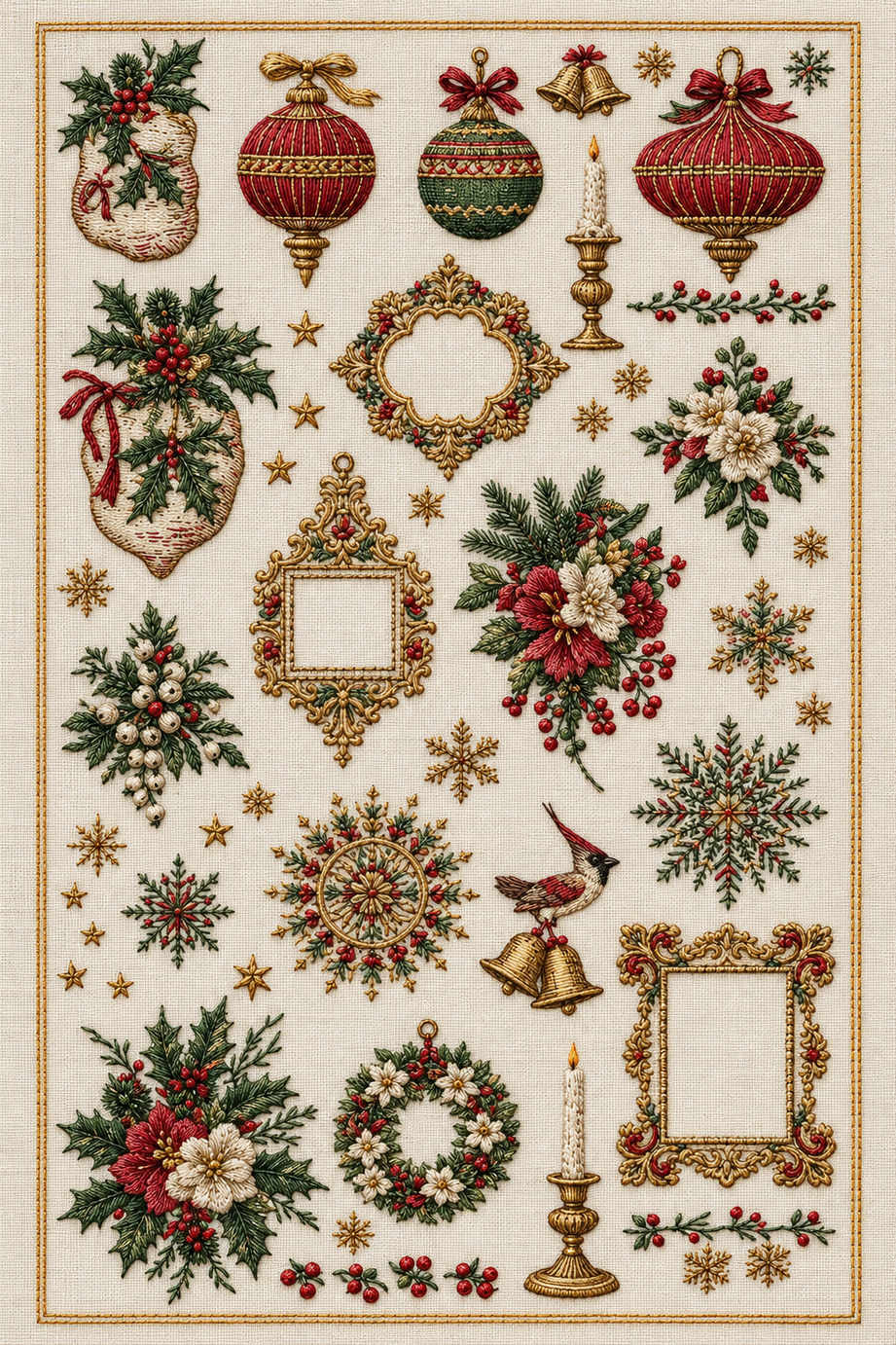 Fine Christmas stocking, hanging baubles, floral clusters, empty frames, snowflakes and a small bird above bells embroidered on ivory linen. Textile visualization from Christmas Embroidery Collection Edition 4, a digital PDF design book.