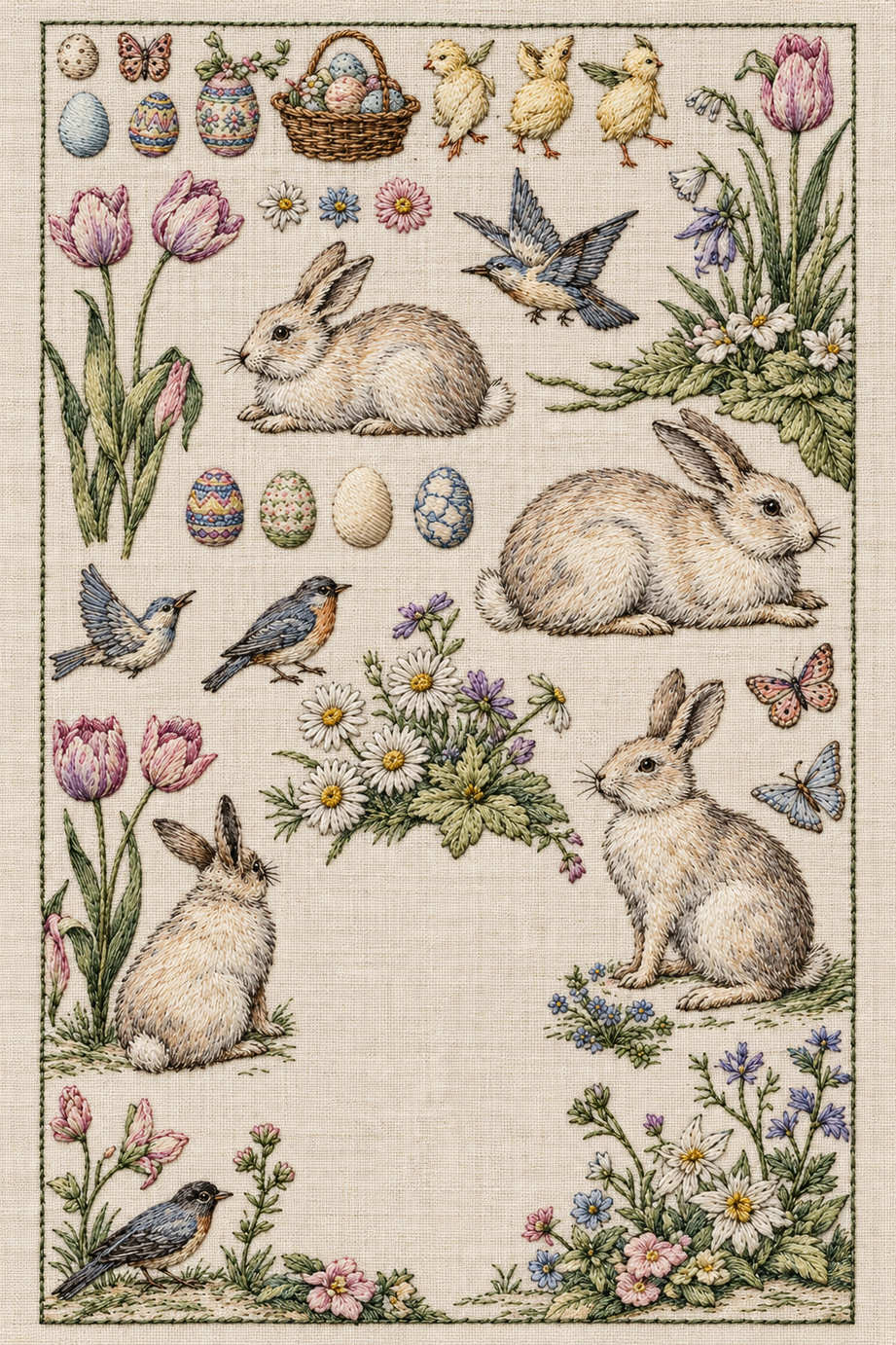 Four rabbits and four birds among tulips, daisies, chicks, eggs and butterflies in a fine rectangular spring embroidery composition. Textile visualization from Easter & Spring Embroidery Edition 1, a digital PDF design book.