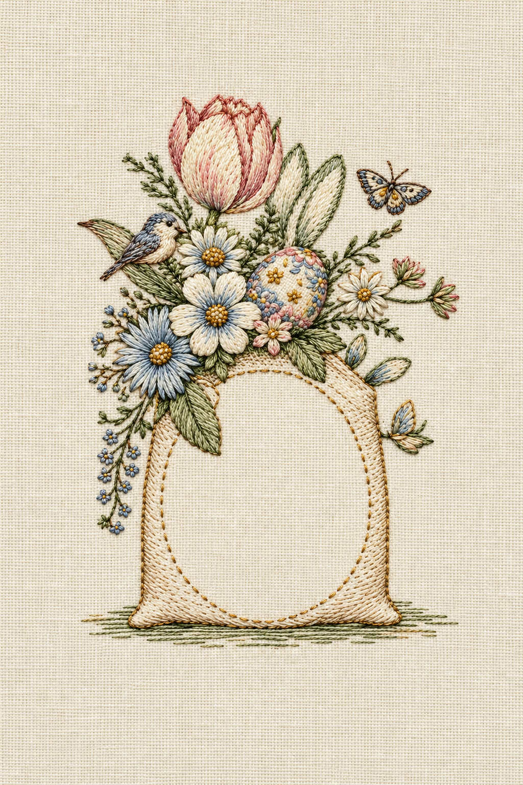 Open oval frame topped with a tulip, flowers, a decorated egg, rabbit-ear motifs, one bird and two butterflies embroidered on ivory linen. Textile visualization from Easter & Spring Embroidery Edition 2, a digital PDF design book.