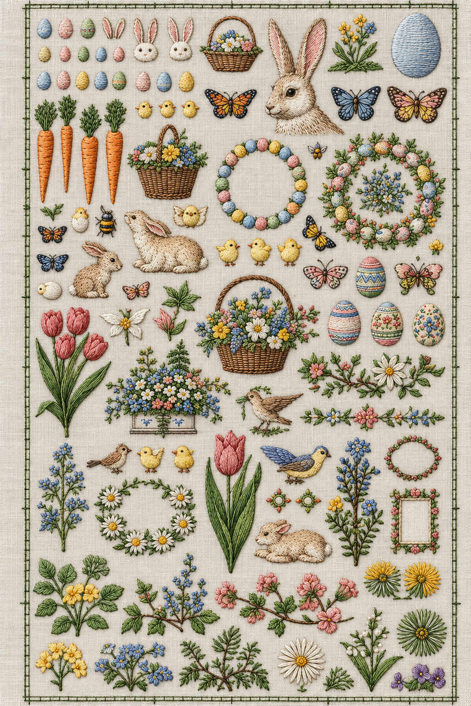 Detailed Easter sampler with rabbit motifs, chicks, butterflies, birds, baskets, wreaths, decorated eggs, flowers and small botanical specimens. Textile visualization from Easter & Spring Embroidery Edition 3, a digital PDF design book.