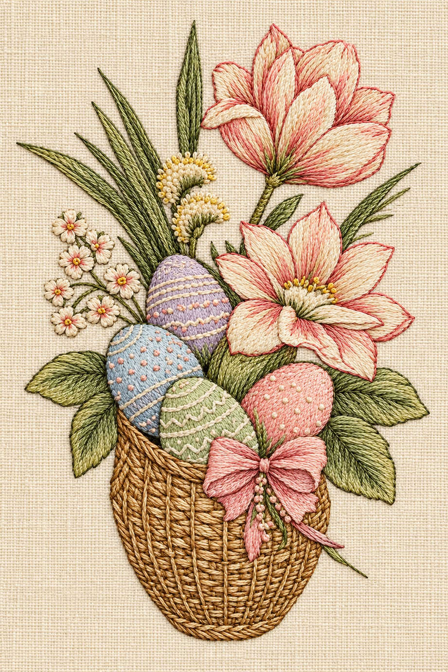 Fine Easter basket embroidery with four decorated eggs, two large flowers, catkins, small blossoms, leaves and a pink ribbon bow. Textile visualization from Easter & Spring Embroidery Edition 4, a digital PDF design book.