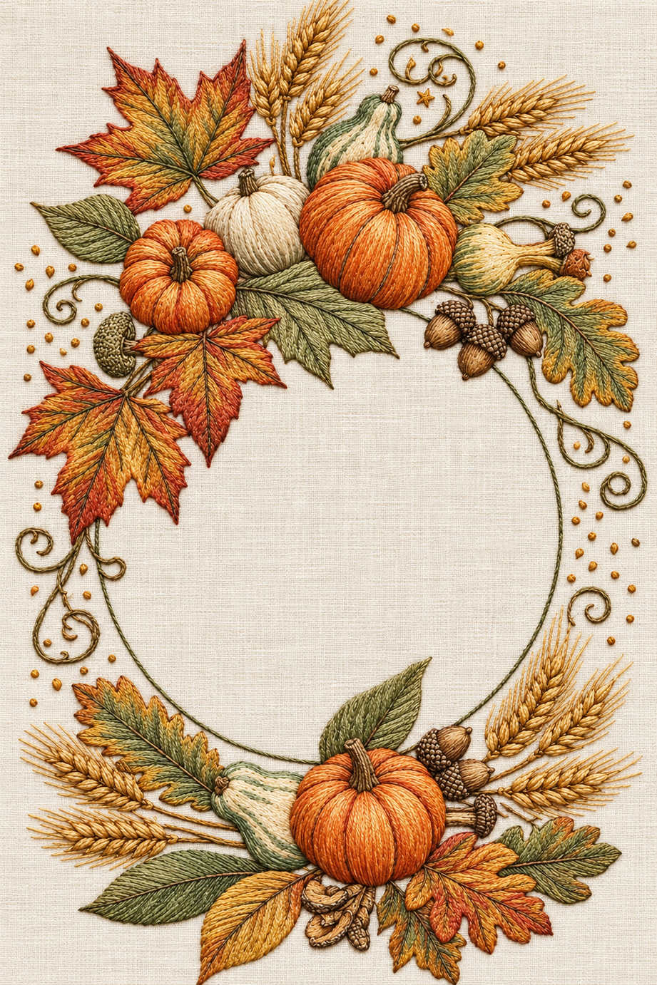 Open oval harvest wreath with pumpkins, gourds, wheat, acorns, autumn leaves and fine tendrils around a broad plain linen centre. Textile visualization from Halloween & Autumn Embroidery Edition 1, a digital PDF design book.
