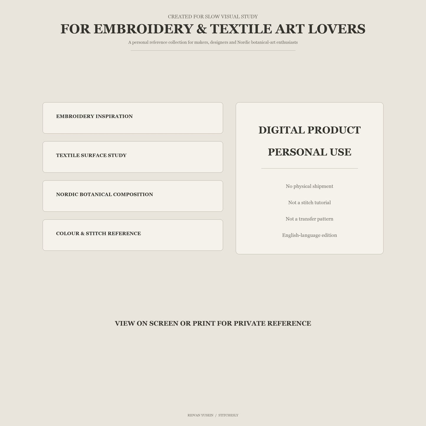 Information graphic for embroidery and textile art lovers describing the Nordic study collection as a personal-use digital reference for embroidery inspiration, textile surface study, Nordic botanical composition, colour and stitch reference.
