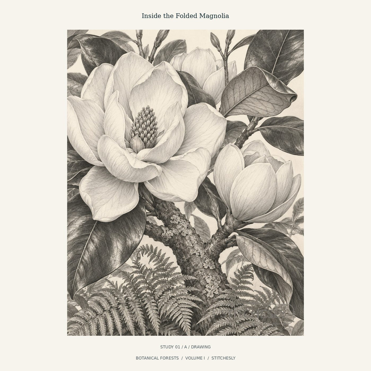 Graphite-style magnolia drawing with broad pale petals, woody branches and ferns. Study 01 A from Botanical Forests, with Stitchesly preview watermark.