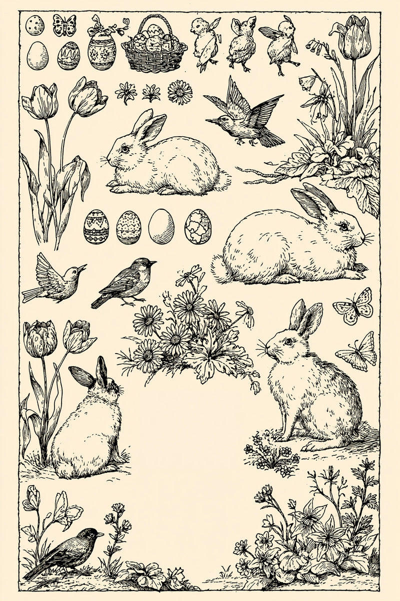 Original spring rabbit bird botanical frame design plate from Easter & Spring Embroidery Edition 1, a digital PDF embroidery design book.